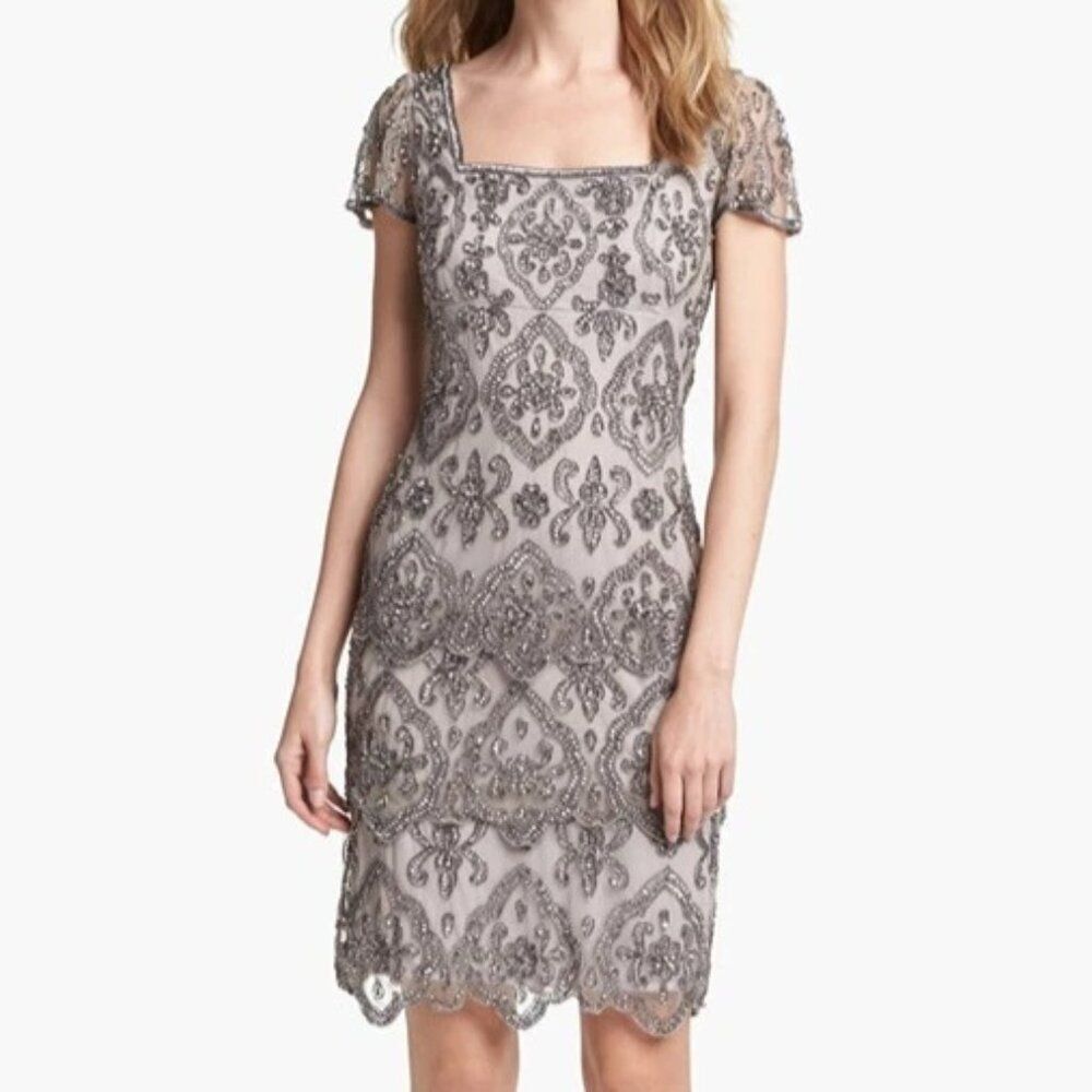 Pisarro Nights Beaded Silver Midi Dress Square Neck Flutter Sleeve Size 6 NWT